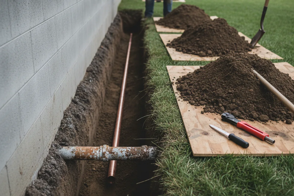 Excavated water line trench during Water Heater Repair in Mcdonough